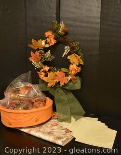 Autumn Lot - Table Cloth - Napkins - Basket - Faux Fall Leaves - Wreath and Hanger 